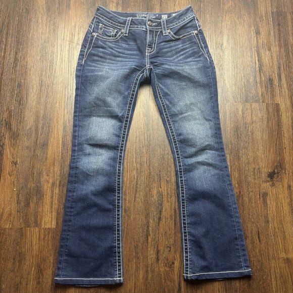 Miss Me Mid-Rise Boot Jeans Distressed Medium Wash Flap Pockets Size 25 - Picture 1 of 12